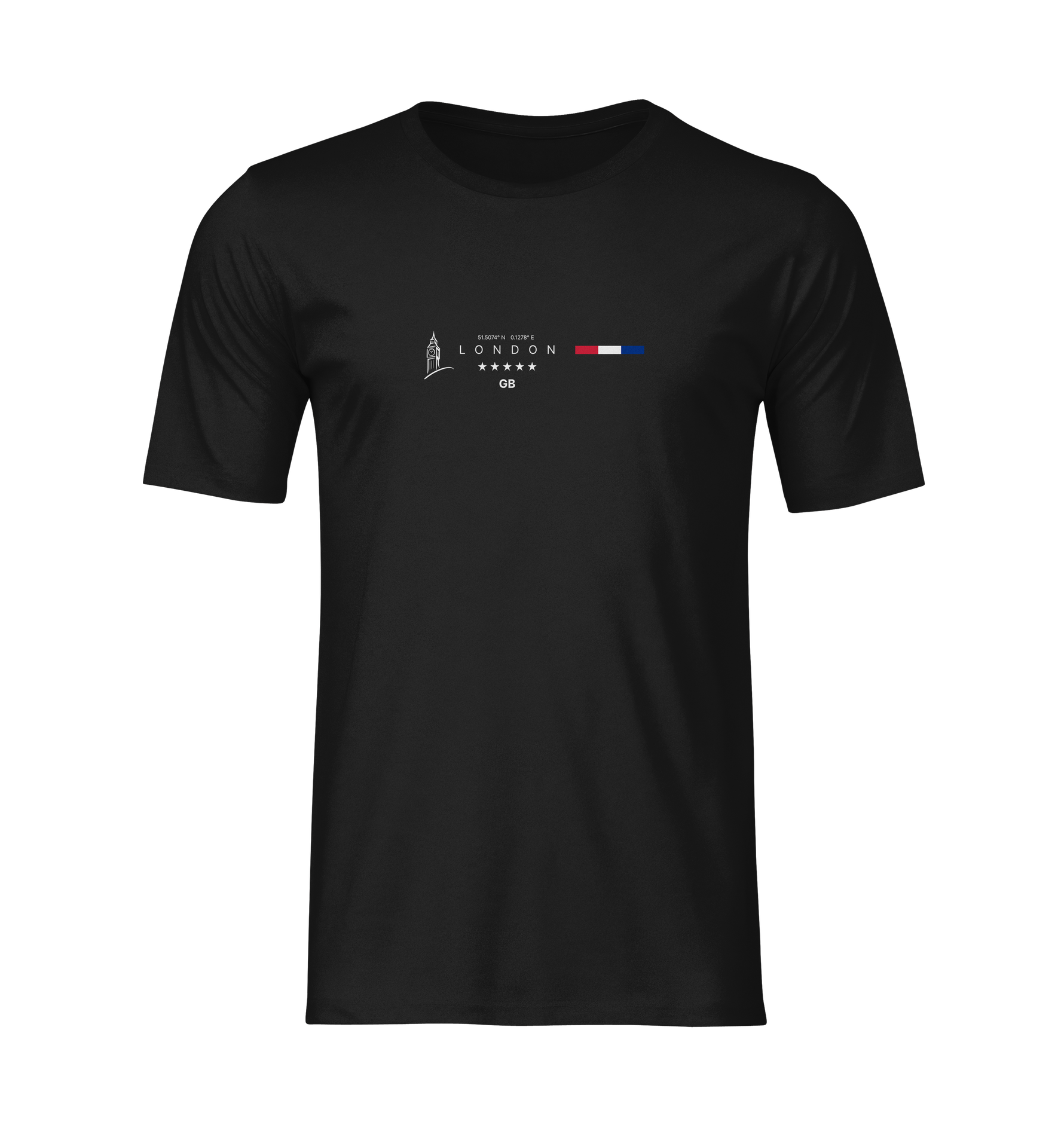 Front view of the LONDON t-shirt in black, displayed as a 3D ghost mockup with no model or background. The design features a minimalist layout with the Big Ben icon, the word “LONDON,” coordinates, five stars, and a red-white-blue color stripe. Clean and centered on the chest area.