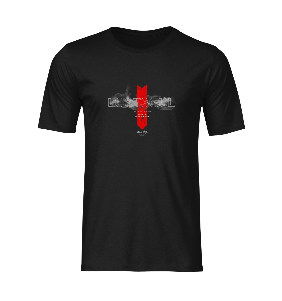 3D ghost mockup of the “LOSTSOUL” t-shirt in black. The shirt features a striking red downward arrow intersecting transparent “LOSTSOUL” text surrounded by smoky accents. Centered typography includes the phrase “If there is a path… I drifted elsewhere.” No model, no background — plain black shirt on invisible mannequin.