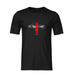3D ghost mockup of the “LOSTSOUL” t-shirt in black. The shirt features a striking red downward arrow intersecting transparent “LOSTSOUL” text surrounded by smoky accents. Centered typography includes the phrase “If there is a path… I drifted elsewhere.” No model, no background — plain black shirt on invisible mannequin.