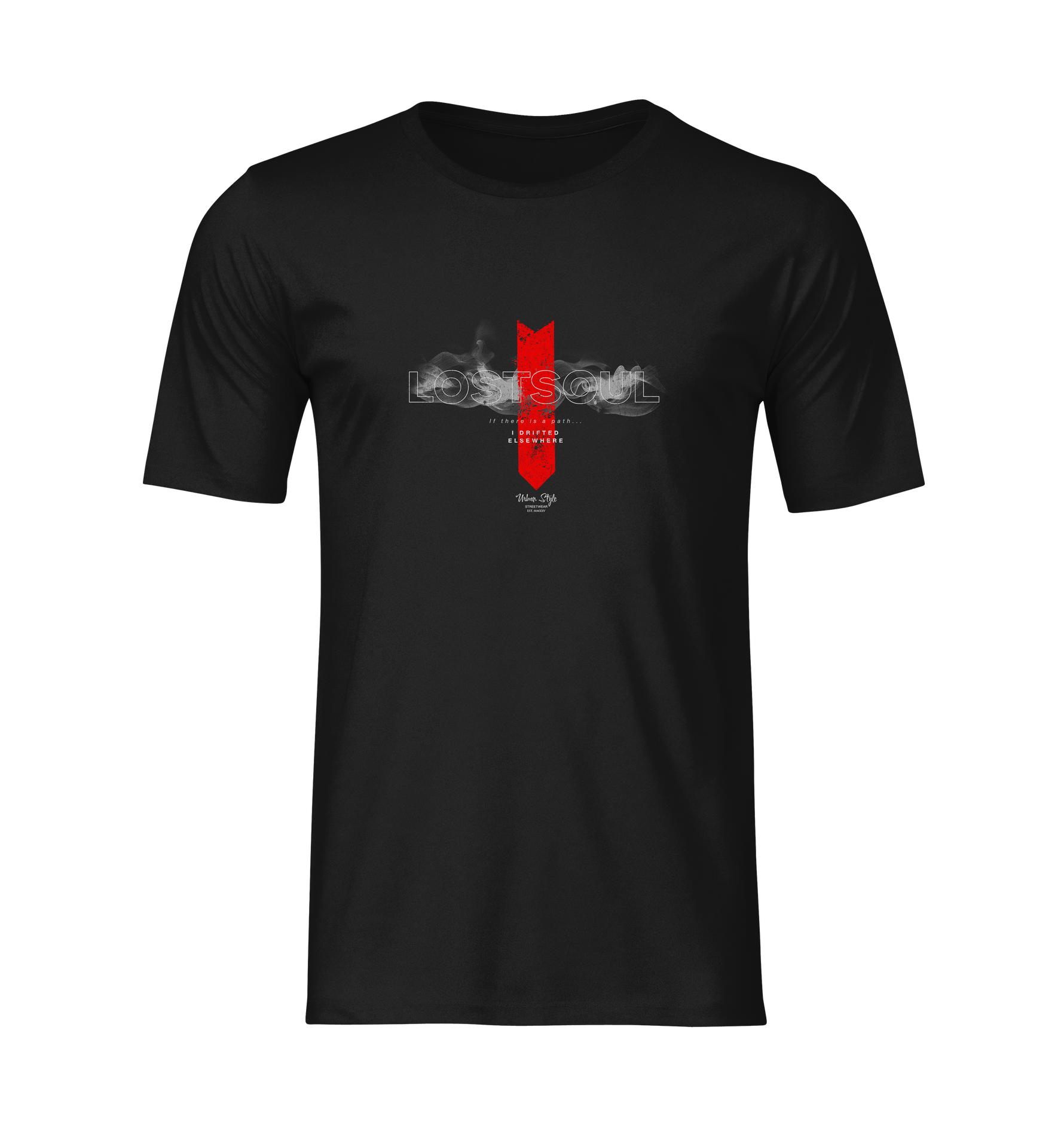 3D ghost mockup of the “LOSTSOUL” t-shirt in black. The shirt features a striking red downward arrow intersecting transparent “LOSTSOUL” text surrounded by smoky accents. Centered typography includes the phrase “If there is a path… I drifted elsewhere.” No model, no background — plain black shirt on invisible mannequin.