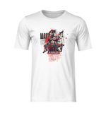 “MAKOTO” white ghost t-shirt by KRASSWERK – isolated product shot on white shirt, featuring fierce samurai art and the phrase “No masks, only honesty” in dripping red typography, no background no model