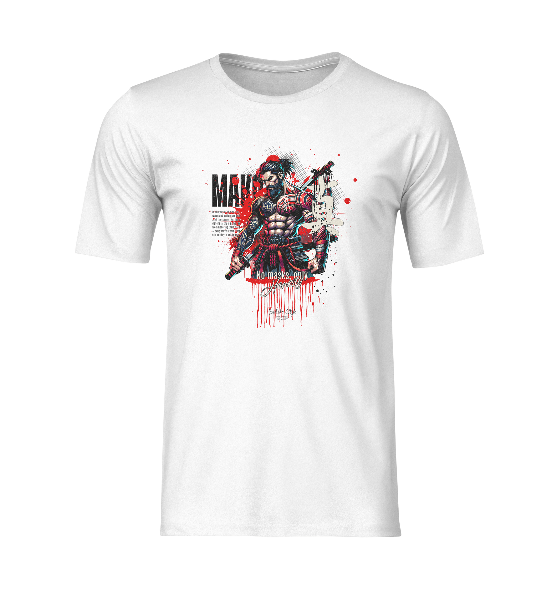 “MAKOTO” white ghost t-shirt by KRASSWERK – isolated product shot on white shirt, featuring fierce samurai art and the phrase “No masks, only honesty” in dripping red typography, no background no model
