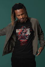 “MAKOTO” black t-shirt by KRASSWERK – lifestyle photo of man in bomber jacket and dreads, looking down to reveal Bushido-inspired honesty-themed graphic with bold red accents and dripping ink style