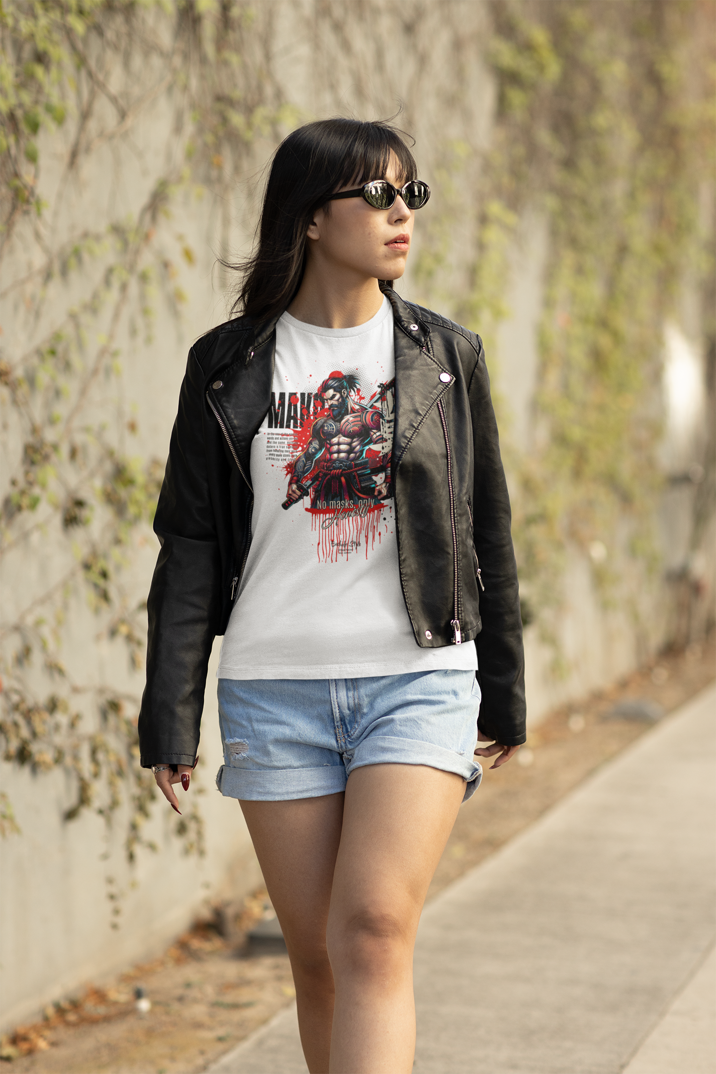 “MAKOTO” black t-shirt by KRASSWERK – lifestyle photo of woman in sunglasses and leather jacket walking confidently, showcasing Bushido warrior design themed around honesty and raw truth