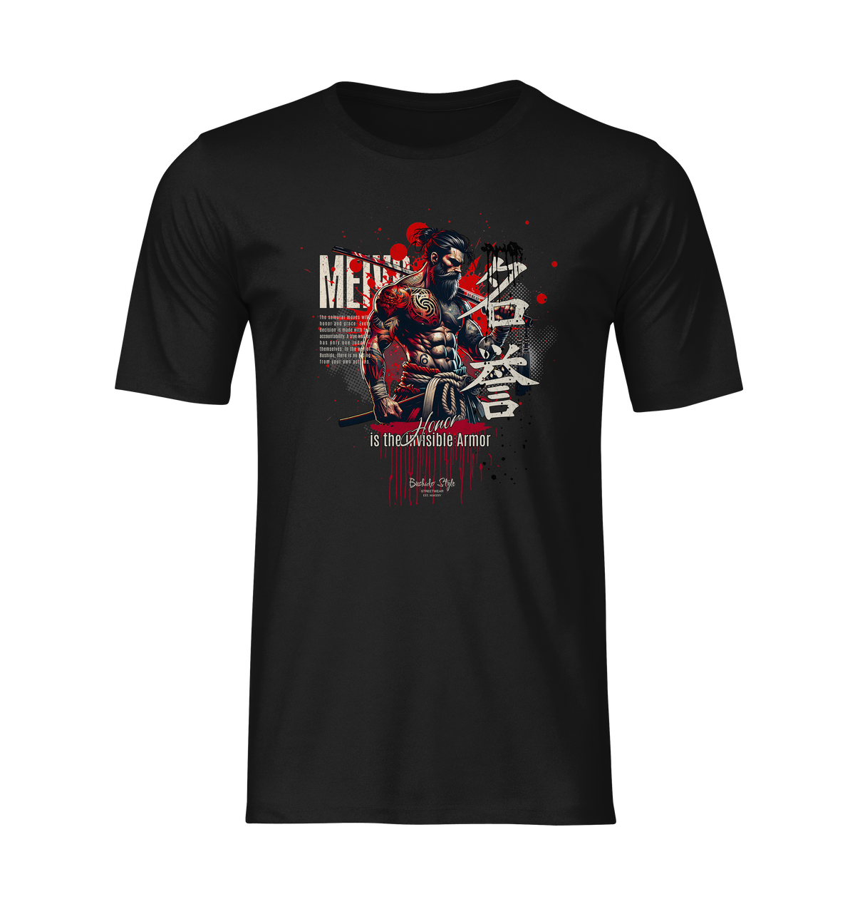 “MEIYO” black t-shirt by KRASSWERK – ghost-style product shot featuring detailed samurai design themed around honor, rendered on a plain transparent background for e-commerce use
