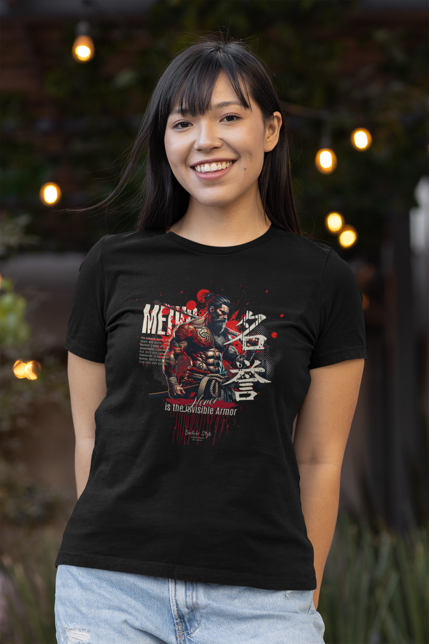 “MEIYO” black t-shirt by KRASSWERK – lifestyle photo of smiling woman in casual outfit, wearing honor-themed samurai design under warm outdoor lights