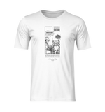 Ghost-style product mockup of a white unisex t-shirt featuring a surreal black-and-white comic panel. On the left, an alien therapist asks, “Why do you meow at 3 AM?” On the right, a mischievous-looking cat smirks and replies, “That’s when the void listens best.” Below the panel is a paragraph styled like a product label, with the phrase “Xtraterrestricat Style” beneath. The design blends sci-fi humor and existential satire with a crisp minimal layout, centered on the chest.