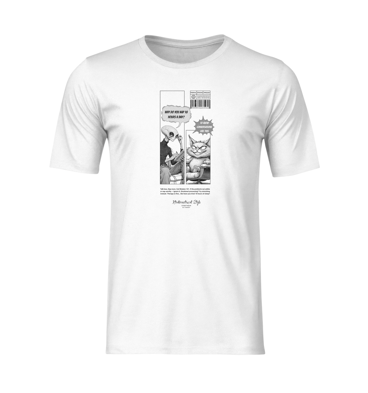 3D ghost mockup of a white unisex t-shirt on a transparent background. The shirt features a black-and-white comic-style print of an alien and a sarcastic cat. The alien asks, “Why do you nap 18 hours a day?” and the cat replies, “To avoid conversations like this.” No model, no background — clean product display focused entirely on the design.