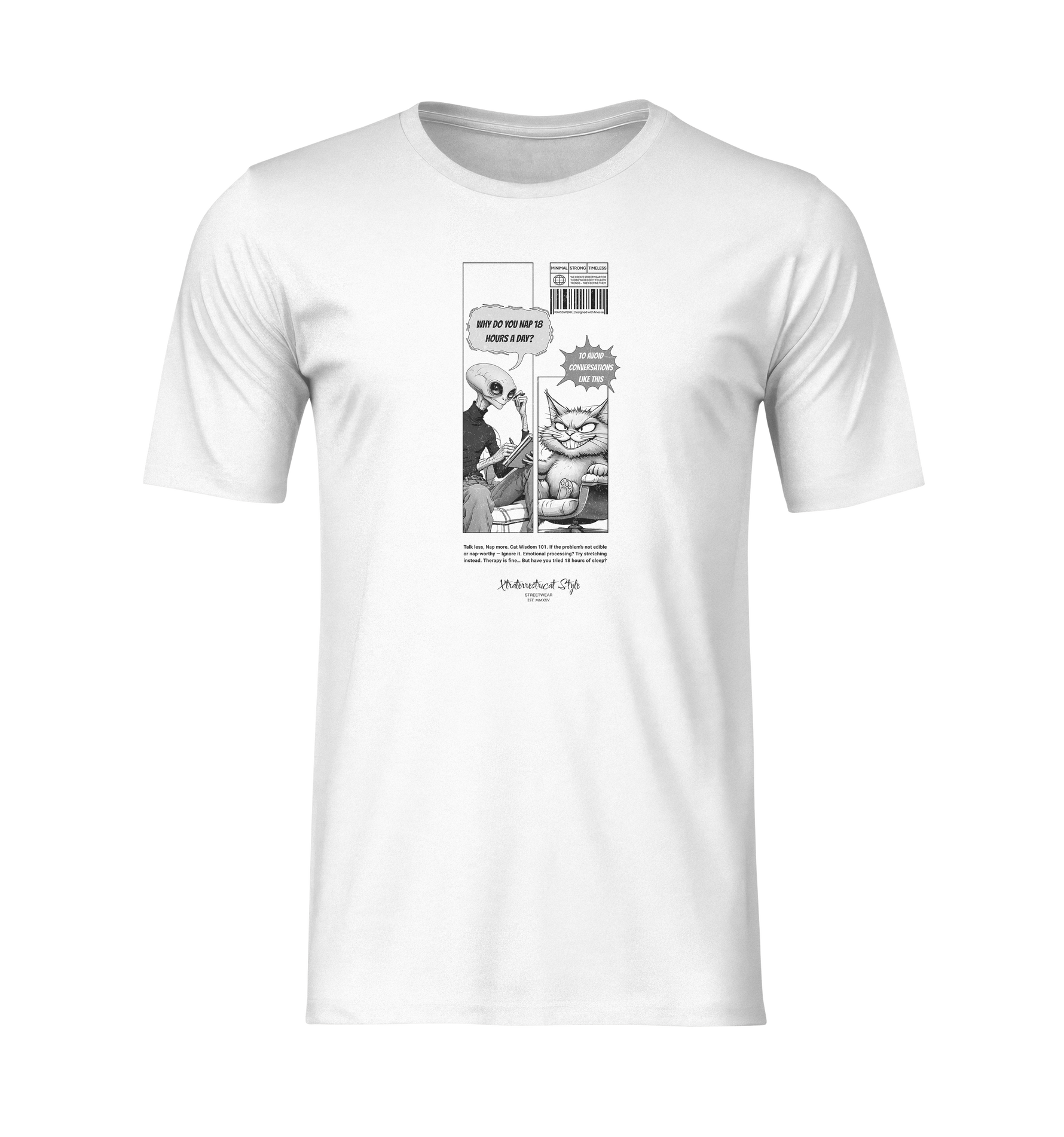 3D ghost mockup of a white unisex t-shirt on a transparent background. The shirt features a black-and-white comic-style print of an alien and a sarcastic cat. The alien asks, “Why do you nap 18 hours a day?” and the cat replies, “To avoid conversations like this.” No model, no background — clean product display focused entirely on the design.
