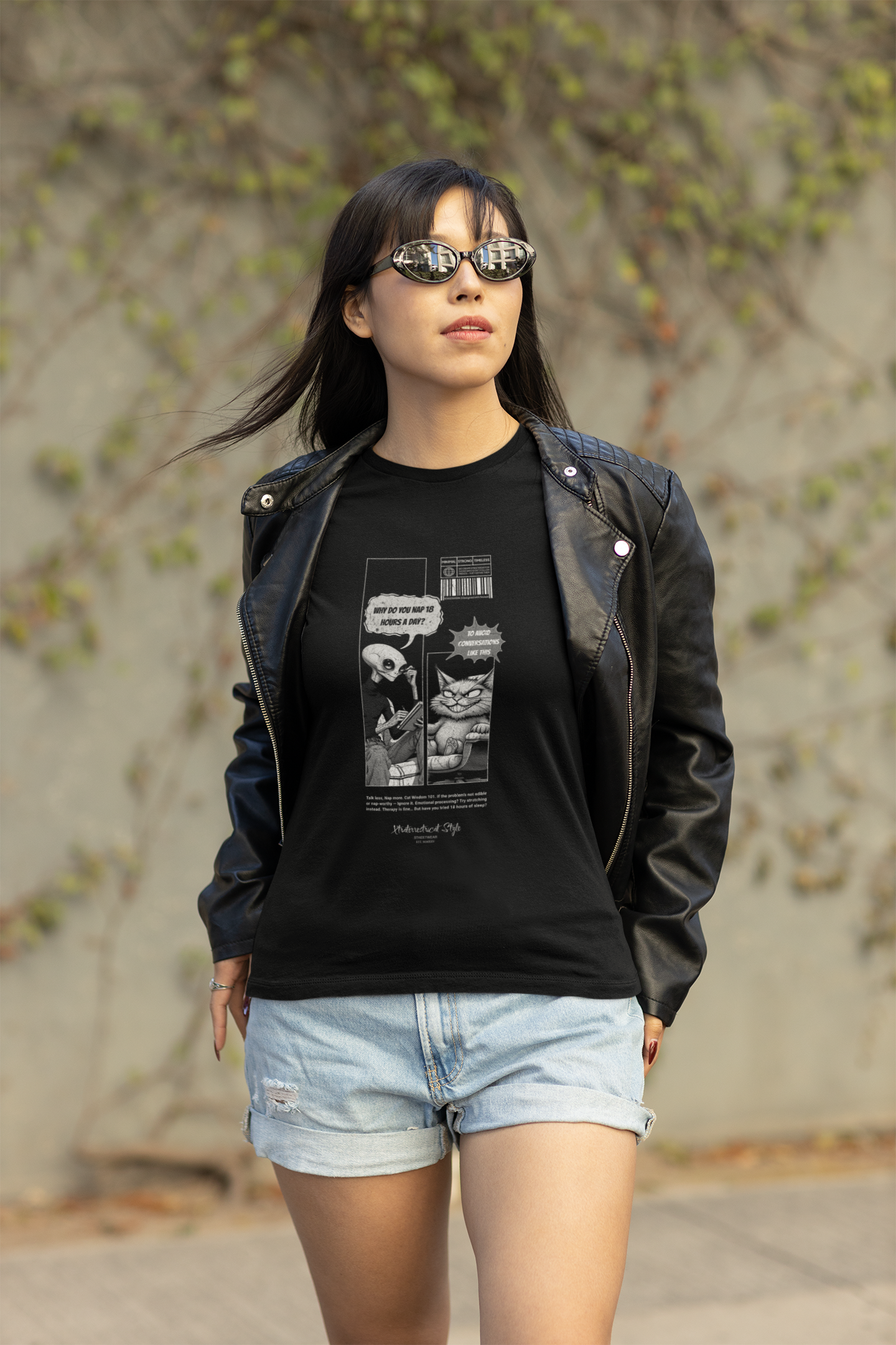 A stylish woman wearing sunglasses and a leather jacket walks confidently outdoors, showcasing a black t-shirt with a black-and-white comic print. The design features an alien asking, “Why do you nap 18 hours a day?” and a grumpy cat replying, “Some conversations take time.” The shirt’s quirky sarcasm matches the bold streetwear attitude.