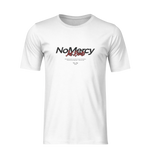White NO MERCY – Just Results t-shirt mockup on invisible model. The sharp black and red typography makes a bold statement on a clean background.