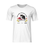 White unisex t-shirt displayed on a ghost mannequin with no background. The design features a black-and-white cartoon cat staring defiantly while sitting next to a spilled red cup and puddle. Yellow cartoon paws point toward the cat with playful gestures. Above the artwork, bold text reads “NO ONE TELLS A CAT,” and below: “WHAT TO DO.” Barcode and branding graphics are placed at the bottom of the design.