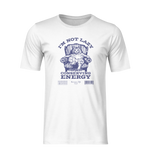 3D mockup of a white t-shirt featuring a navy hand-drawn cat lounging in a chair, with bold text reading “I’M NOT LAZY — I’m Just Conserving Energy.” No background, no model — flat lay on invisible form.