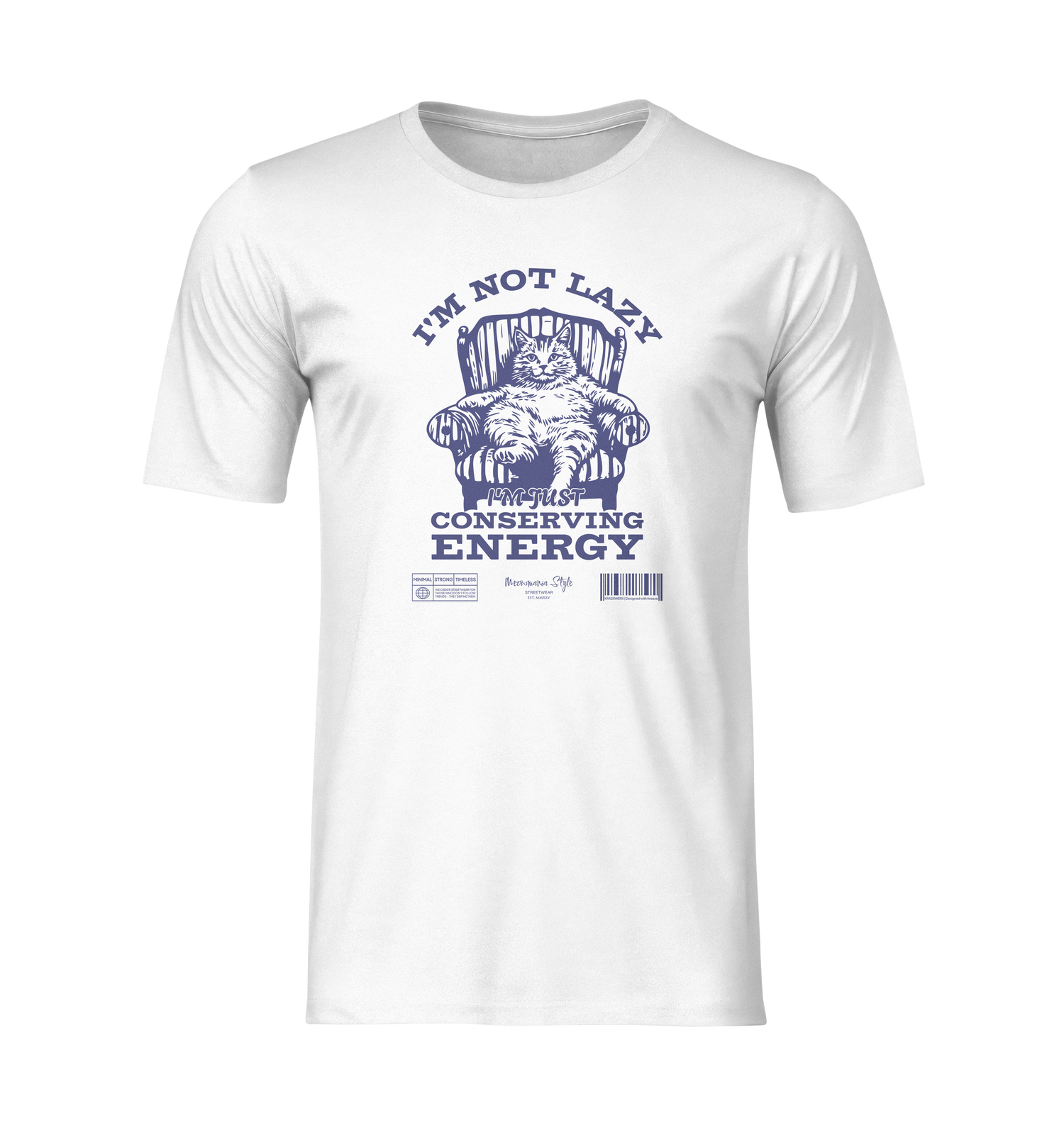 3D mockup of a white t-shirt featuring a navy hand-drawn cat lounging in a chair, with bold text reading “I’M NOT LAZY — I’m Just Conserving Energy.” No background, no model — flat lay on invisible form.