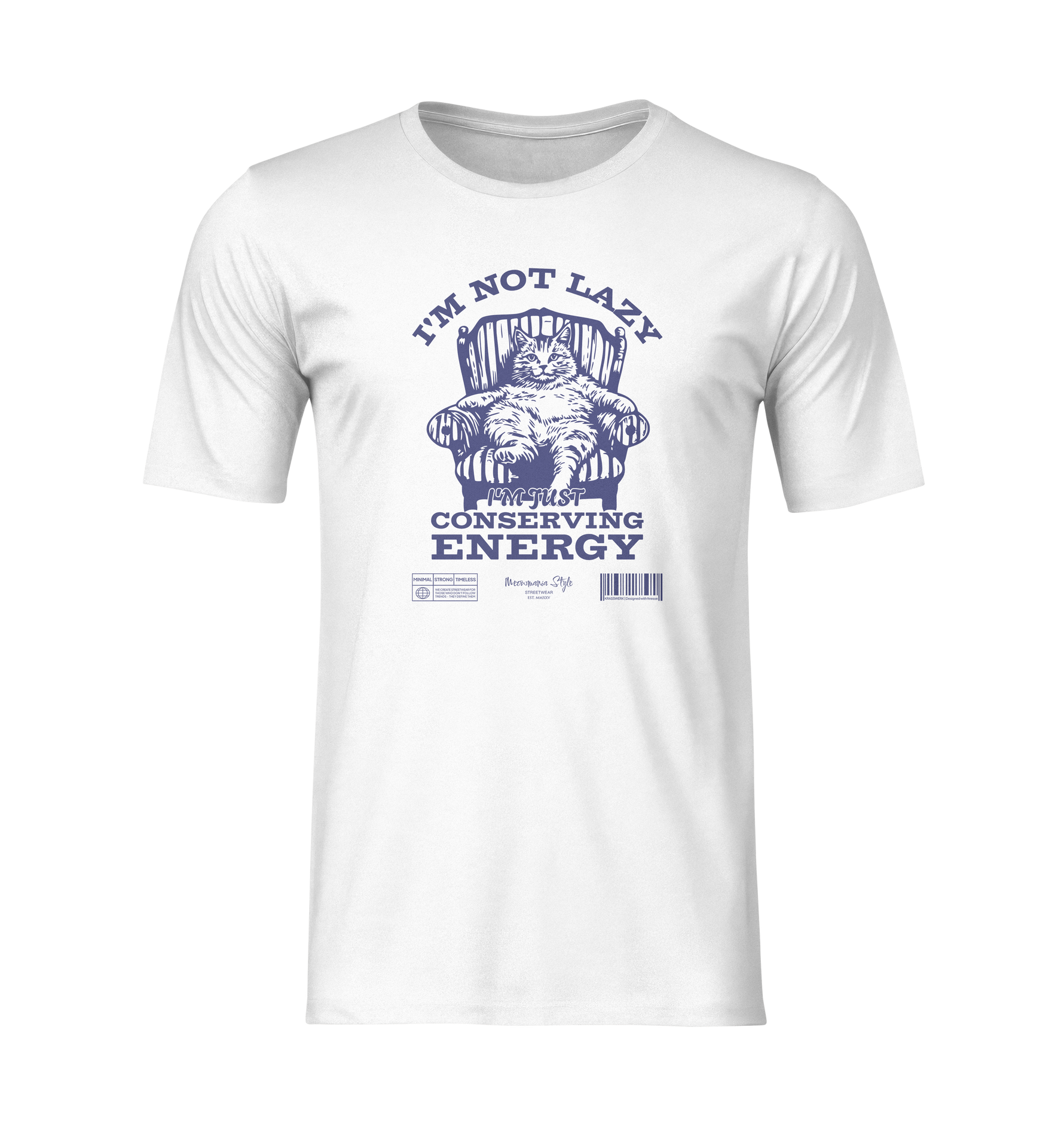 3D mockup of a white t-shirt featuring a navy hand-drawn cat lounging in a chair, with bold text reading “I’M NOT LAZY — I’m Just Conserving Energy.” No background, no model — flat lay on invisible form.