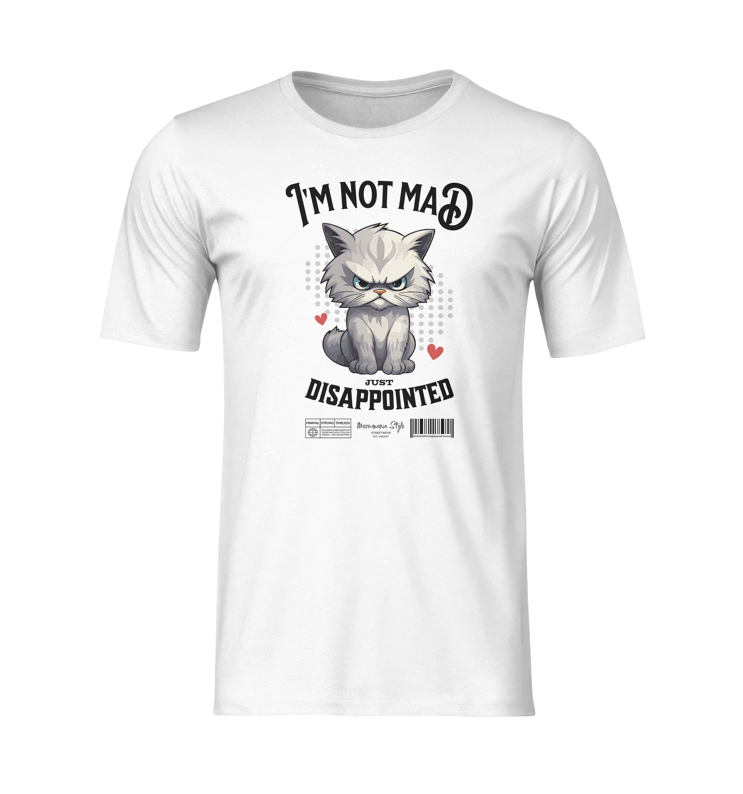 Front-facing white t-shirt with no model or background, shown in a clean 3D mockup style. The shirt features an angry fluffy grey cat with a scowl, surrounded by red hearts and halftone dots. Bold white text above reads “I’m Not Mad,” with “Just Disappointed” below the character. The design is centered and crisp, highlighting the humorous contrast between love and fury.