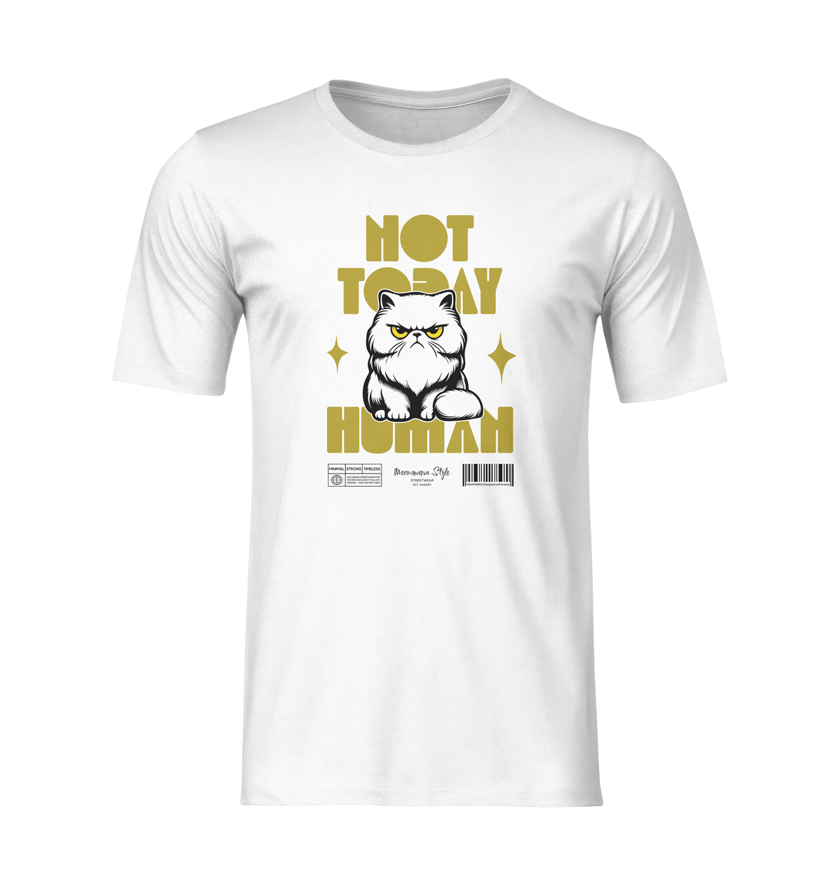 3D ghost mockup of a white t-shirt with no background or model. The design features a grumpy white Persian cat with yellow eyes, surrounded by sparkles, and bold yellow text reading ‘NOT TODAY HUMAN’. Centered front view, clean and isolated for product display.