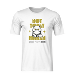 3D ghost mockup of a white t-shirt with no background or model. The design features a grumpy white Persian cat with yellow eyes, surrounded by sparkles, and bold yellow text reading ‘NOT TODAY HUMAN’. Centered front view, clean and isolated for product display.