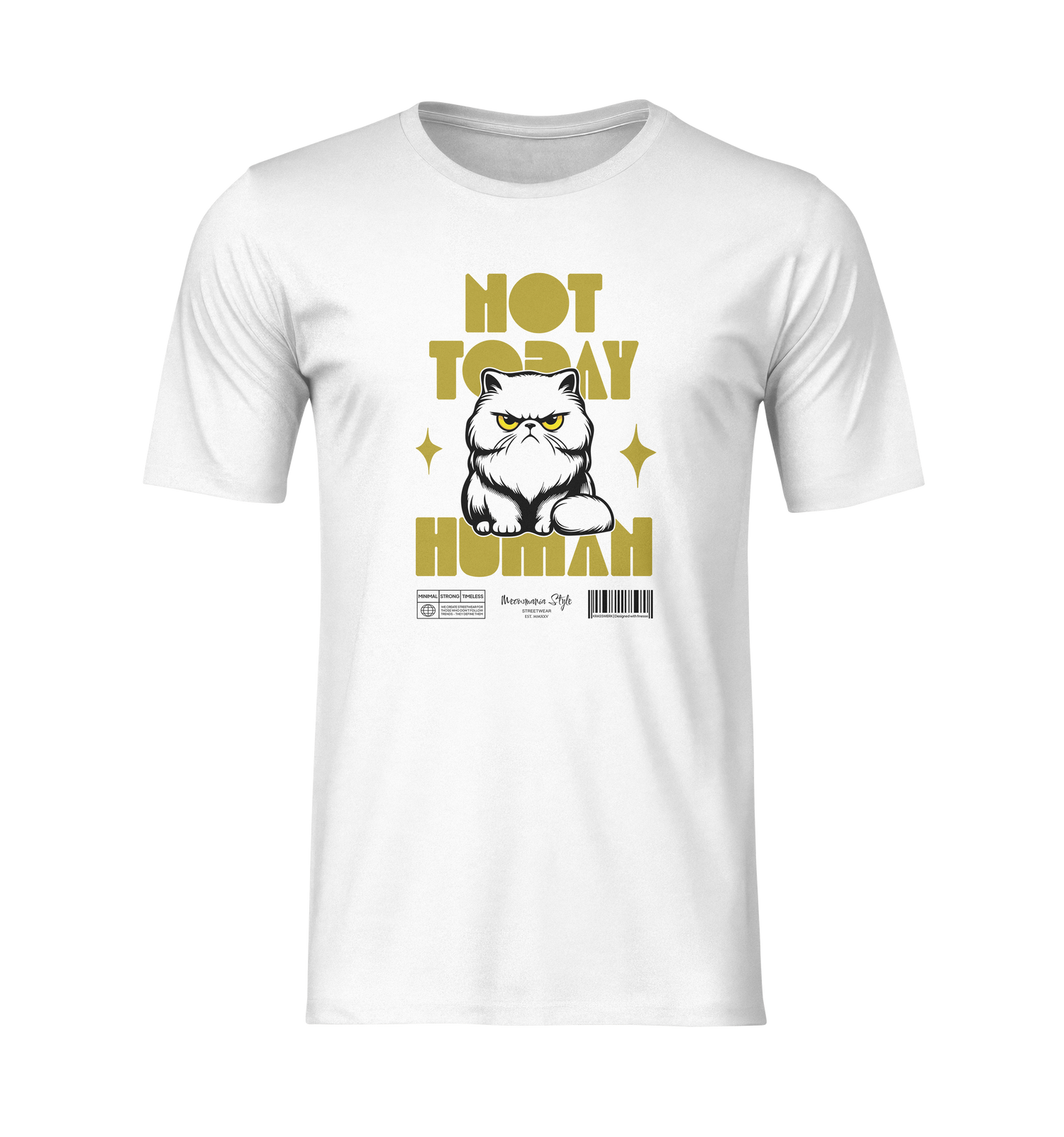 3D ghost mockup of a white t-shirt with no background or model. The design features a grumpy white Persian cat with yellow eyes, surrounded by sparkles, and bold yellow text reading ‘NOT TODAY HUMAN’. Centered front view, clean and isolated for product display.