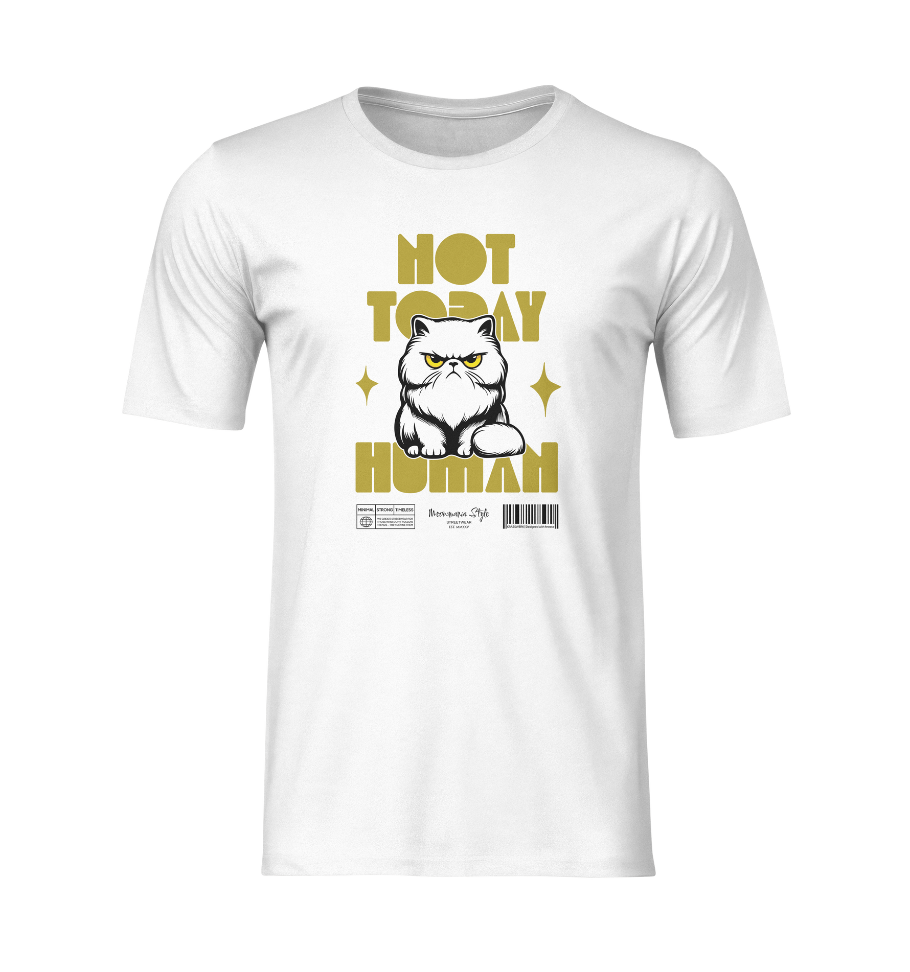 3D ghost mockup of a white t-shirt with no background or model. The design features a grumpy white Persian cat with yellow eyes, surrounded by sparkles, and bold yellow text reading ‘NOT TODAY HUMAN’. Centered front view, clean and isolated for product display.