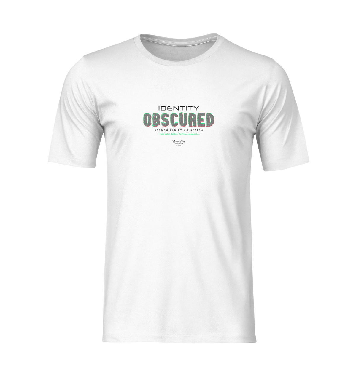 Ghost mockup of a white t-shirt with the design “IDENTITY OBSCURED — RECOGNIZED BY NO SYSTEM” in glitch-style red and green text. No model, no background. Centered and isolated on a transparent backdrop.