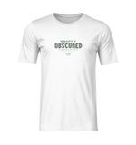 Ghost mockup of a white t-shirt with the design “IDENTITY OBSCURED — RECOGNIZED BY NO SYSTEM” in glitch-style red and green text. No model, no background. Centered and isolated on a transparent backdrop.