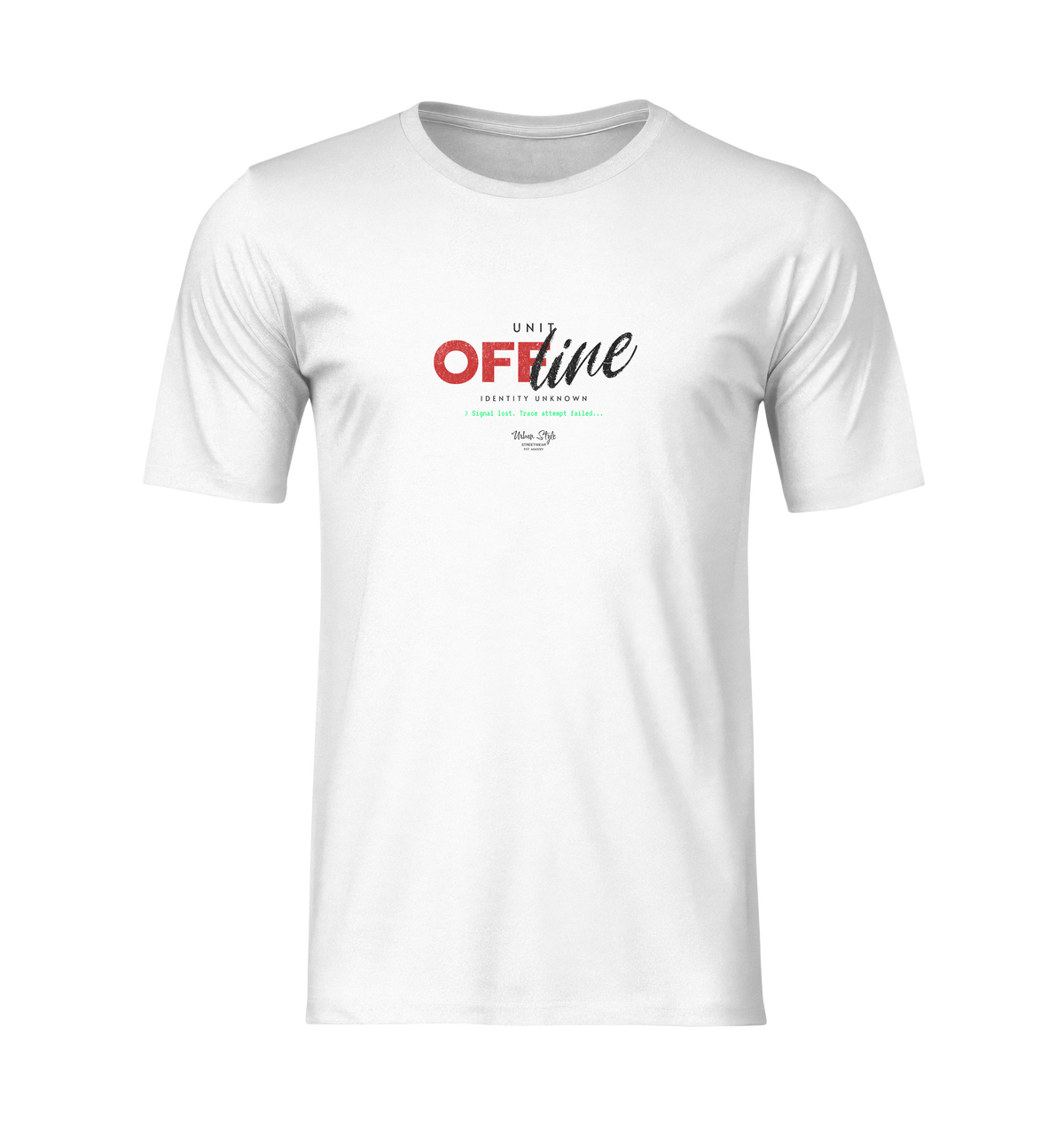 Centered front view of a white T-shirt on invisible mannequin, featuring the “UNIT OFFLINE” design with bold red ‘OFF’ and glitch-text styling. No background, clean presentation.