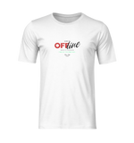Centered front view of a white T-shirt on invisible mannequin, featuring the “UNIT OFFLINE” design with bold red ‘OFF’ and glitch-text styling. No background, clean presentation.