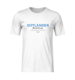 The OUTLANDER t-shirt in white — minimal front view showcasing bold blue title and tagline “Built outside the system.” Clean, product-focused ghost mockup.