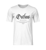 The Outlaw t-shirt in white — bold gothic typography with the phrase “Make Your Own Path” centered across the chest, captured in a clean, isolated product view.