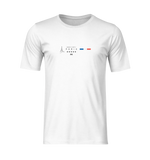 Front-facing mockup of the white PARIS t-shirt on a ghost mannequin. The design includes a minimalist Eiffel Tower icon, clean "PARIS" text, five stars, coordinates, and the French flag in horizontal stripes — centered on the chest, with no background or model.