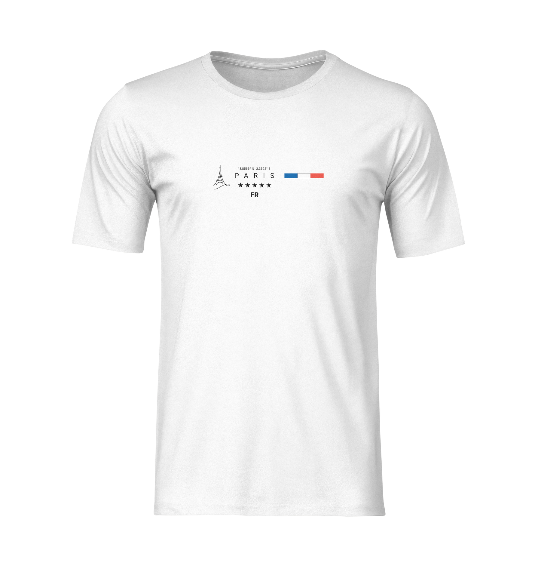 Front-facing mockup of the white PARIS t-shirt on a ghost mannequin. The design includes a minimalist Eiffel Tower icon, clean "PARIS" text, five stars, coordinates, and the French flag in horizontal stripes — centered on the chest, with no background or model.