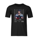 A front-facing black t-shirt mockup without a model, displayed on a transparent background. The design features a “PISCES – Lost In Dreams” mugshot illustration of a man in striped pajamas holding a placard in front of a police lineup chart.