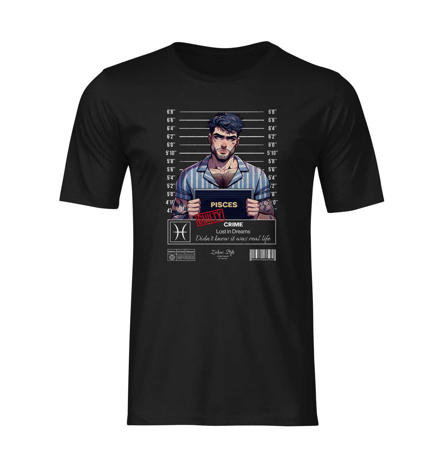 A front-facing black t-shirt mockup without a model, displayed on a transparent background. The design features a “PISCES – Lost In Dreams” mugshot illustration of a man in striped pajamas holding a placard in front of a police lineup chart.