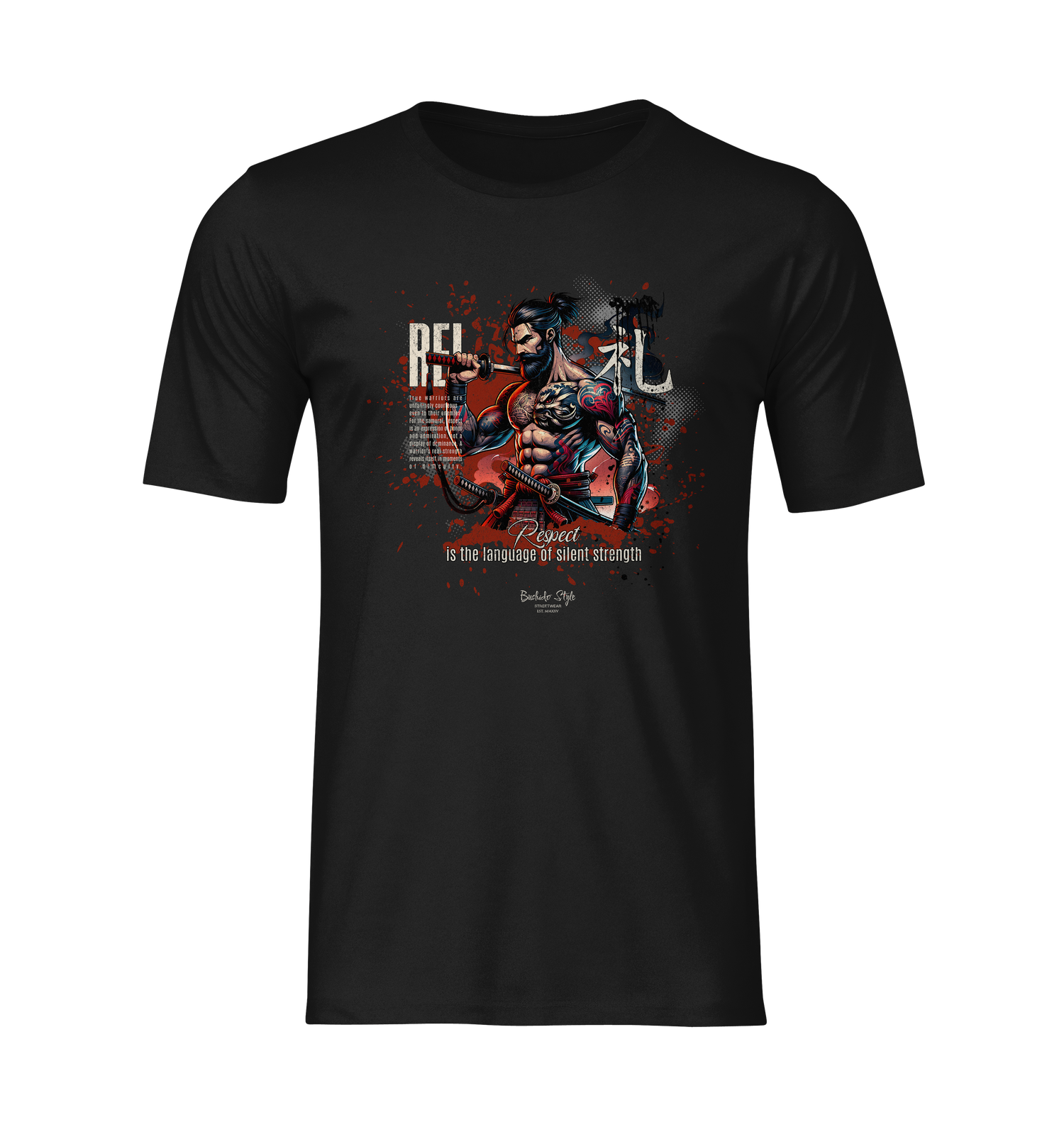 “REI” black t-shirt by KRASSWERK – ghost mockup showcasing the fierce elegance of respect, where discipline speaks louder than words in this silent warrior print, no background no model