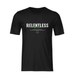 Front view of RELENTLESS design on black t-shirt — clean, centered, and studio-lit on transparent background.
