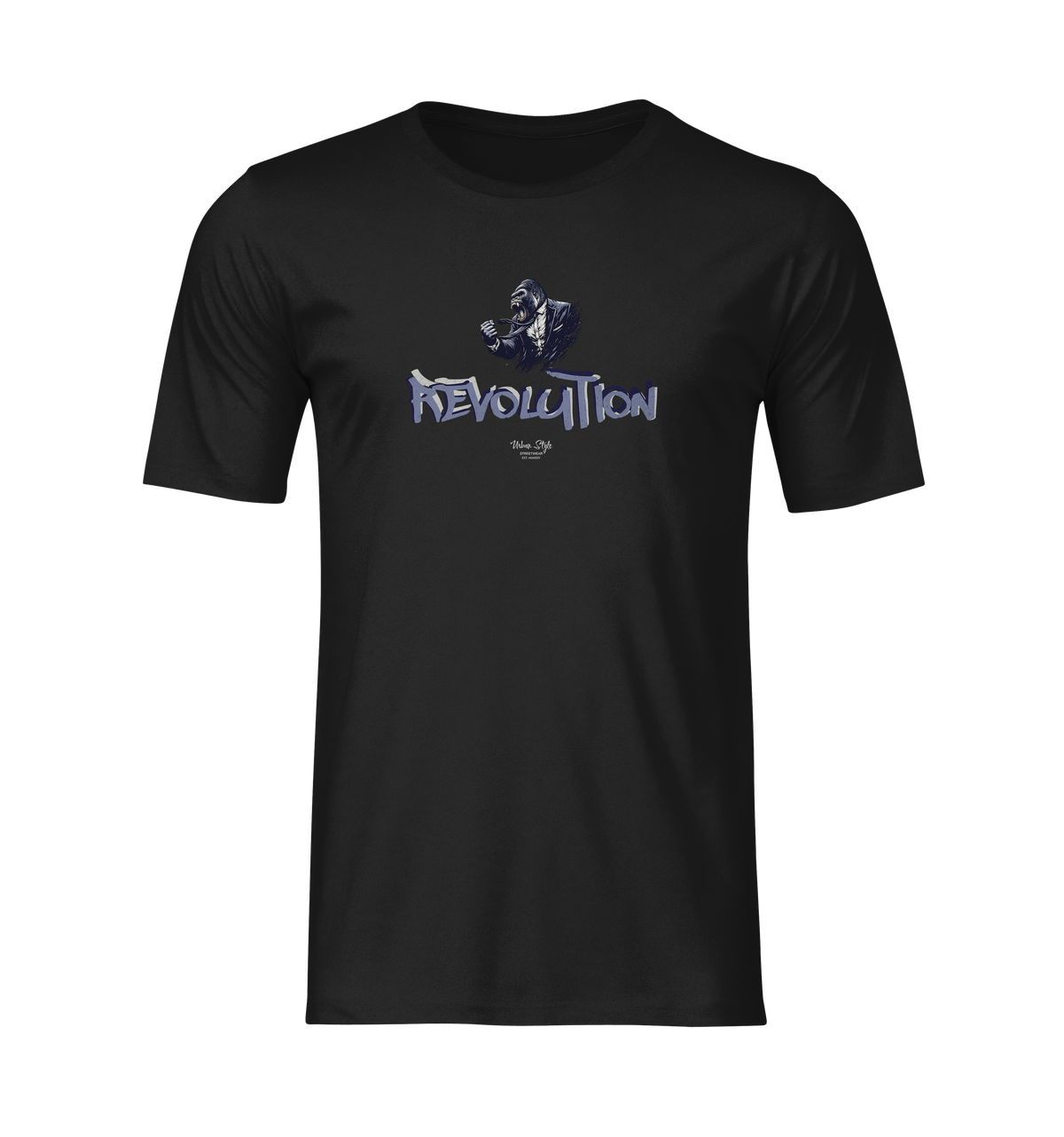 REVOLUTION black tee by KRASSWERK – ghost mockup with centered graphic, no model or background
