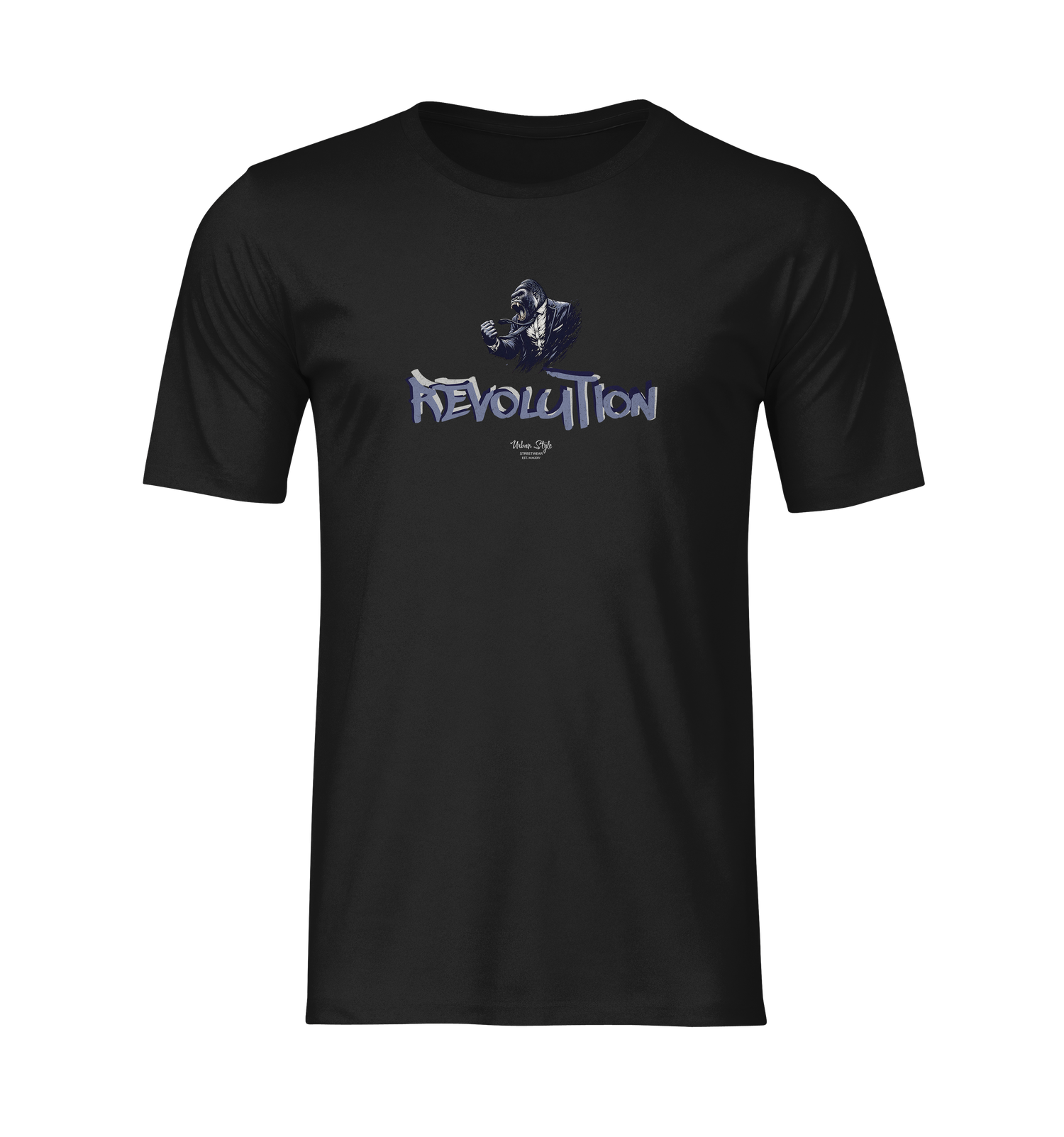 REVOLUTION black tee by KRASSWERK – ghost mockup with centered graphic, no model or background