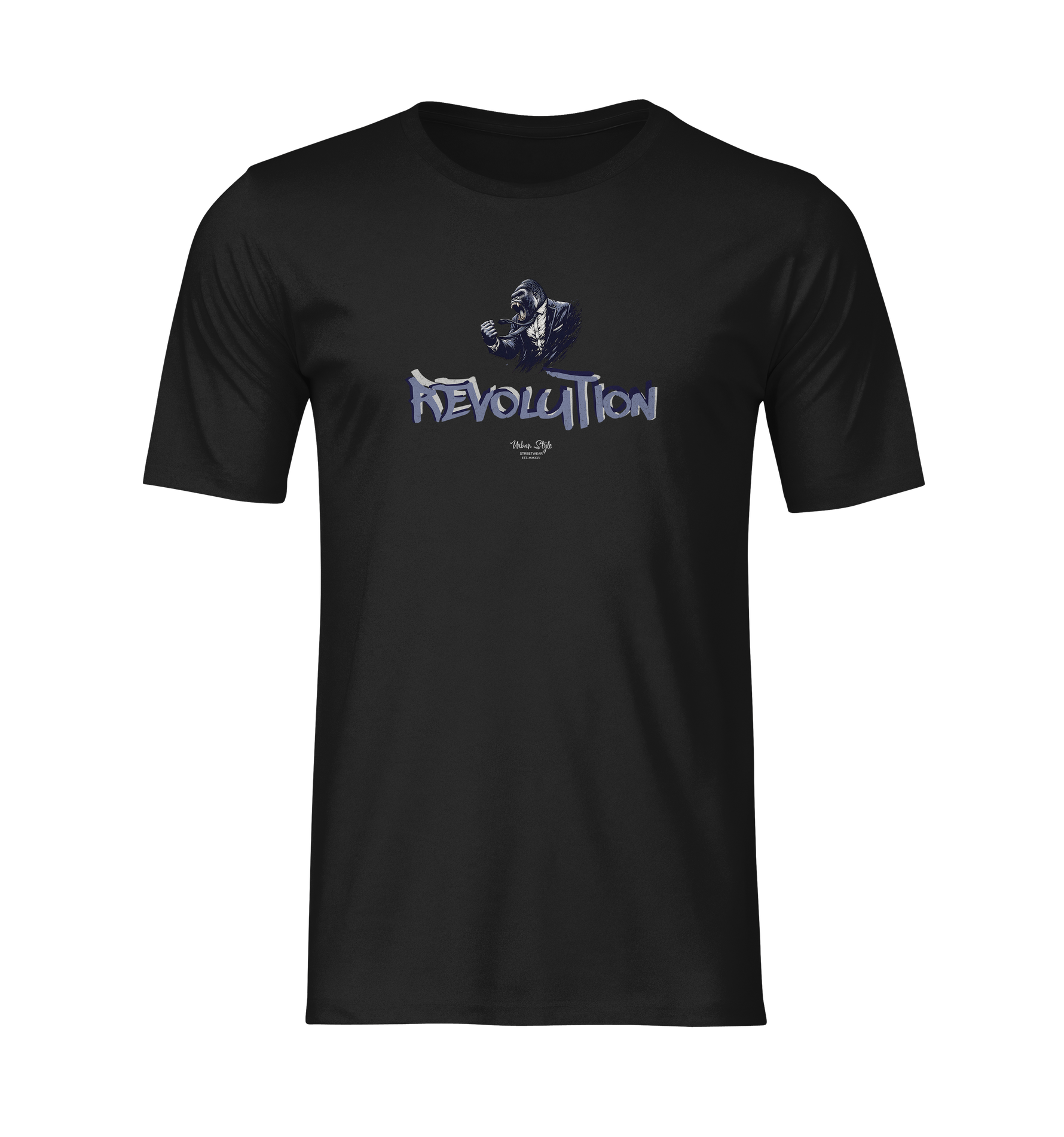REVOLUTION black tee by KRASSWERK – ghost mockup with centered graphic, no model or background