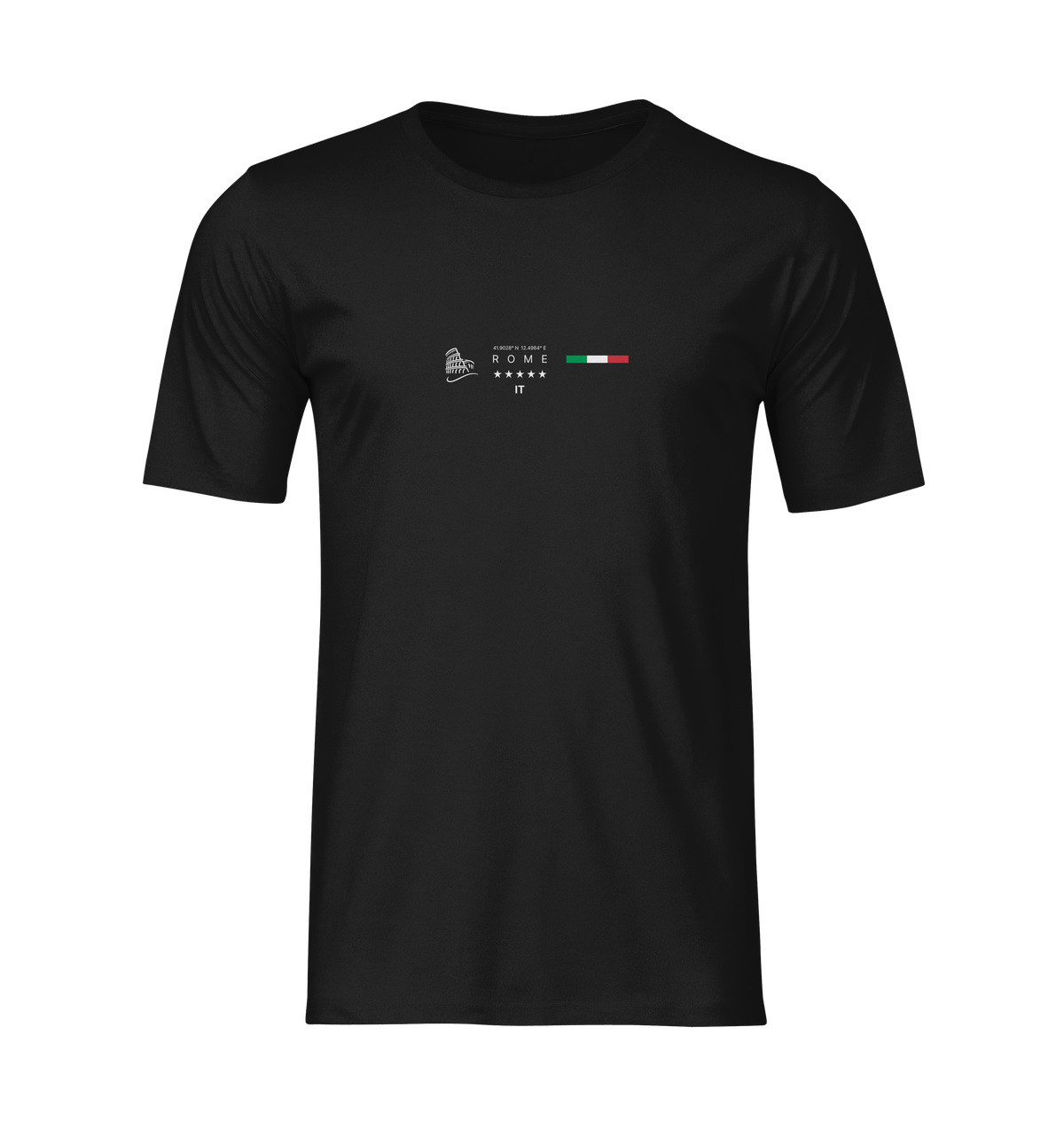 A 3D mockup of a black unisex t-shirt on a plain black background. The shirt features the "ROME" design in white: a Colosseum icon, five stars, and a horizontal Italian flag. No model, no background, clean presentation.