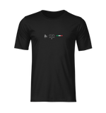 A 3D mockup of a black unisex t-shirt on a plain black background. The shirt features the "ROME" design in white: a Colosseum icon, five stars, and a horizontal Italian flag. No model, no background, clean presentation.