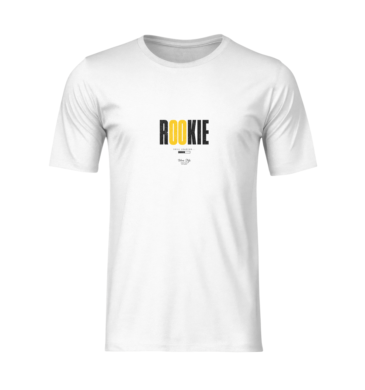 3D ghost mockup of the “ROOKIE” t-shirt in white. The shirt is displayed front-facing on an invisible mannequin with no background. Design features “ROOKIE” in bold black and yellow text centered on the chest. Simple, clean presentation ideal for product showcasing.
