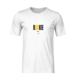 3D ghost mockup of the “ROOKIE” t-shirt in white. The shirt is displayed front-facing on an invisible mannequin with no background. Design features “ROOKIE” in bold black and yellow text centered on the chest. Simple, clean presentation ideal for product showcasing.