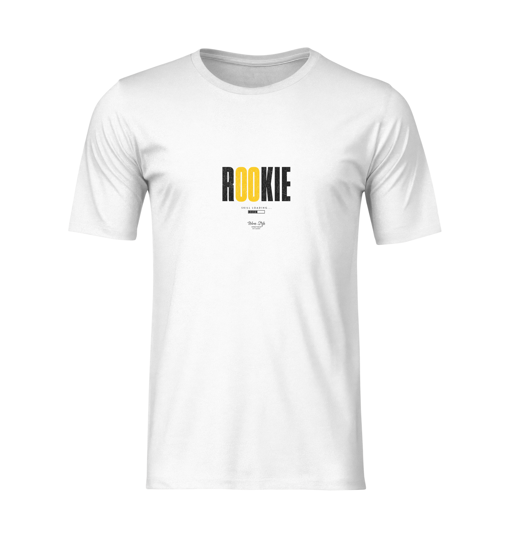 3D ghost mockup of the “ROOKIE” t-shirt in white. The shirt is displayed front-facing on an invisible mannequin with no background. Design features “ROOKIE” in bold black and yellow text centered on the chest. Simple, clean presentation ideal for product showcasing.