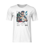 Ghost mockup of the Sagittarius “Serial Escapist” T-shirt in white. Displayed without a model on a transparent background, showcasing the colorful mugshot-style illustration with a globe-trotting rebel and his backpack. Clean front view with no background distractions.