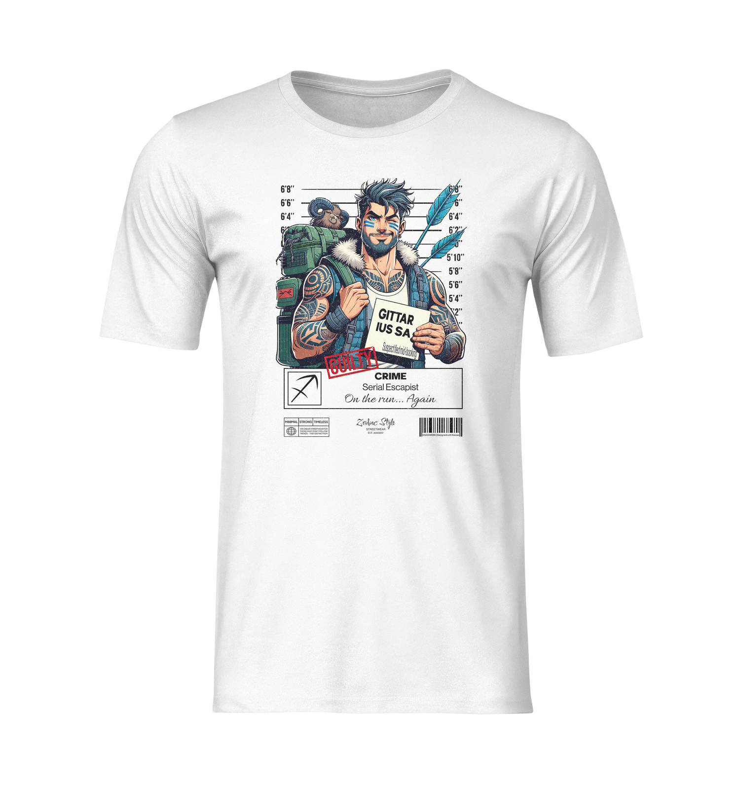 Ghost mockup of the Sagittarius “Serial Escapist” T-shirt in white. Displayed without a model on a transparent background, showcasing the colorful mugshot-style illustration with a globe-trotting rebel and his backpack. Clean front view with no background distractions.