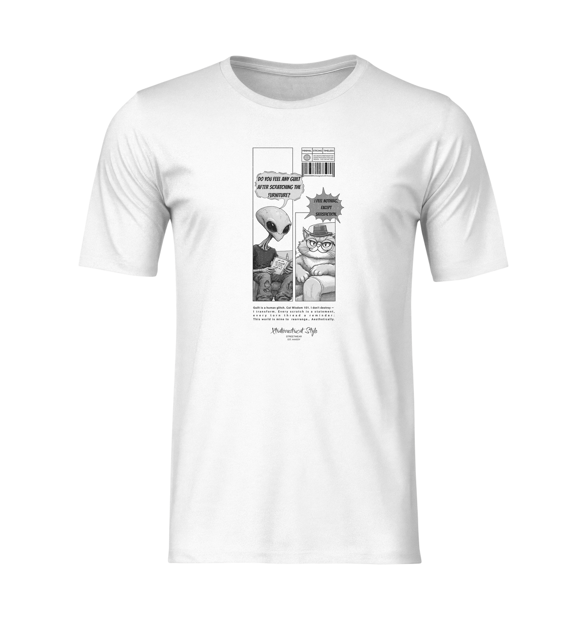 The Satisfiction t-shirt in white — flat-lay ghost mockup with no background or model. The design features a two-panel comic where an alien asks, “Do you feel any guilt after scratching the furniture?” and a smug cat replies, “I feel nothing. Except satisfiction.” Clean front view with centered print.
