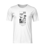The Satisfiction t-shirt in white — flat-lay ghost mockup with no background or model. The design features a two-panel comic where an alien asks, “Do you feel any guilt after scratching the furniture?” and a smug cat replies, “I feel nothing. Except satisfiction.” Clean front view with centered print.