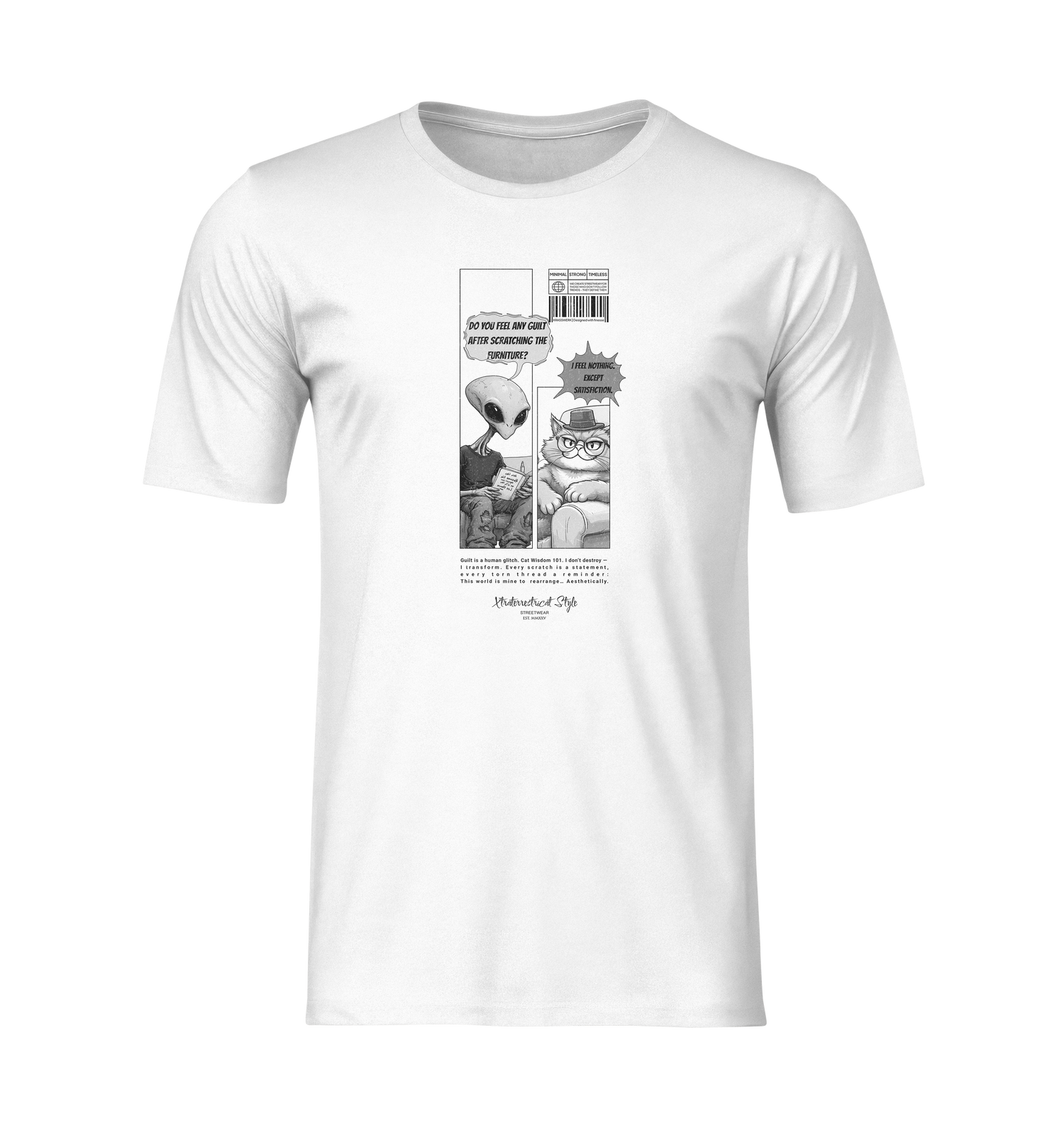 The Satisfiction t-shirt in white — flat-lay ghost mockup with no background or model. The design features a two-panel comic where an alien asks, “Do you feel any guilt after scratching the furniture?” and a smug cat replies, “I feel nothing. Except satisfiction.” Clean front view with centered print.