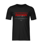 Black SAVAGE t-shirt on invisible mannequin — bold red design with “Wired Different” slogan in script, isolated on black background for clean product showcase.